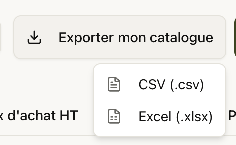 Il menu Esporta il mio catalogo con i formati CSV ed Excel