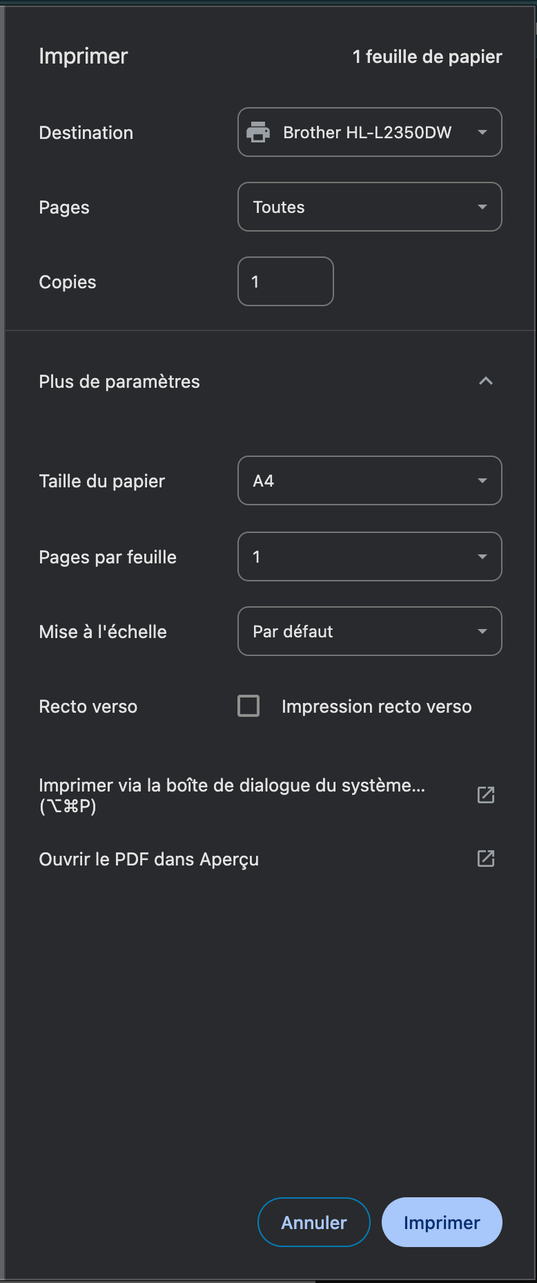 La boîte d'impression avec la taille du papier réglée sur A4