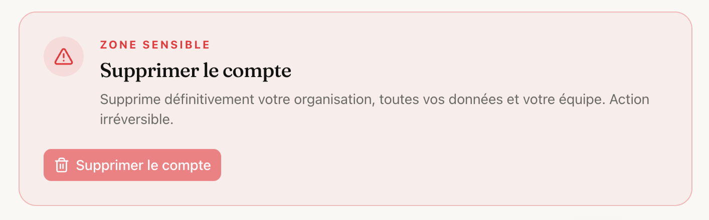La zone de suppression du compte dans les Paramètres