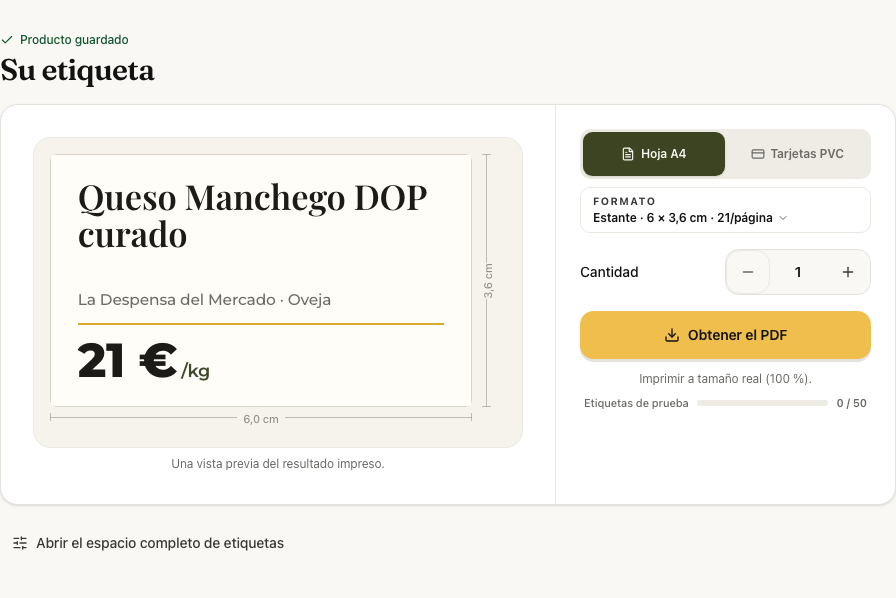 Primera etiqueta con formato, cantidad y botón PDF