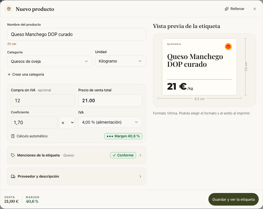 Ficha de producto con cálculo del precio y vista previa