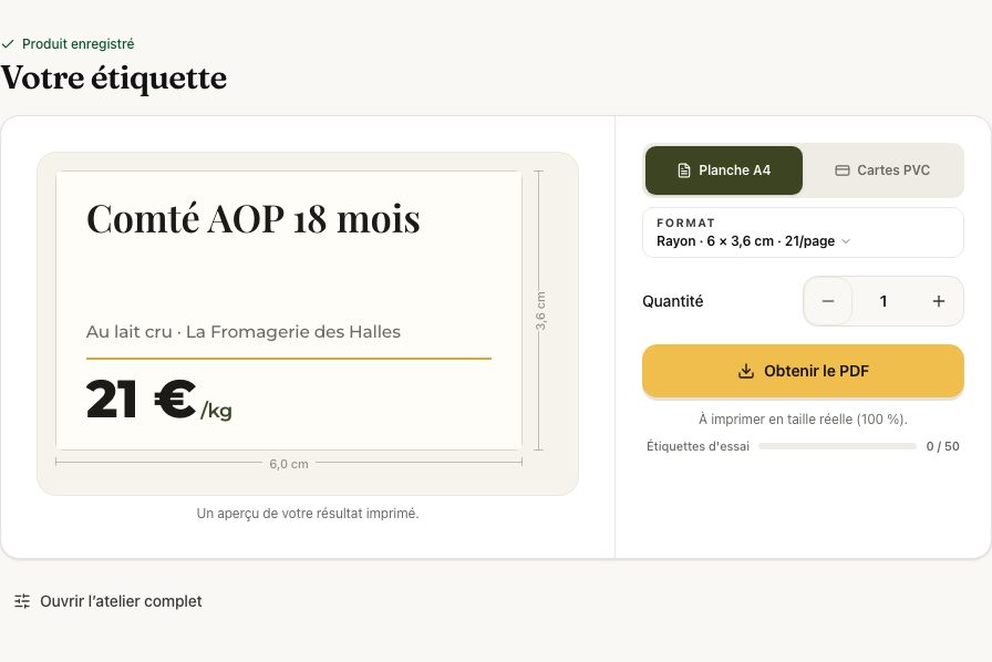 L’aperçu de la première étiquette avec format, quantité et bouton PDF