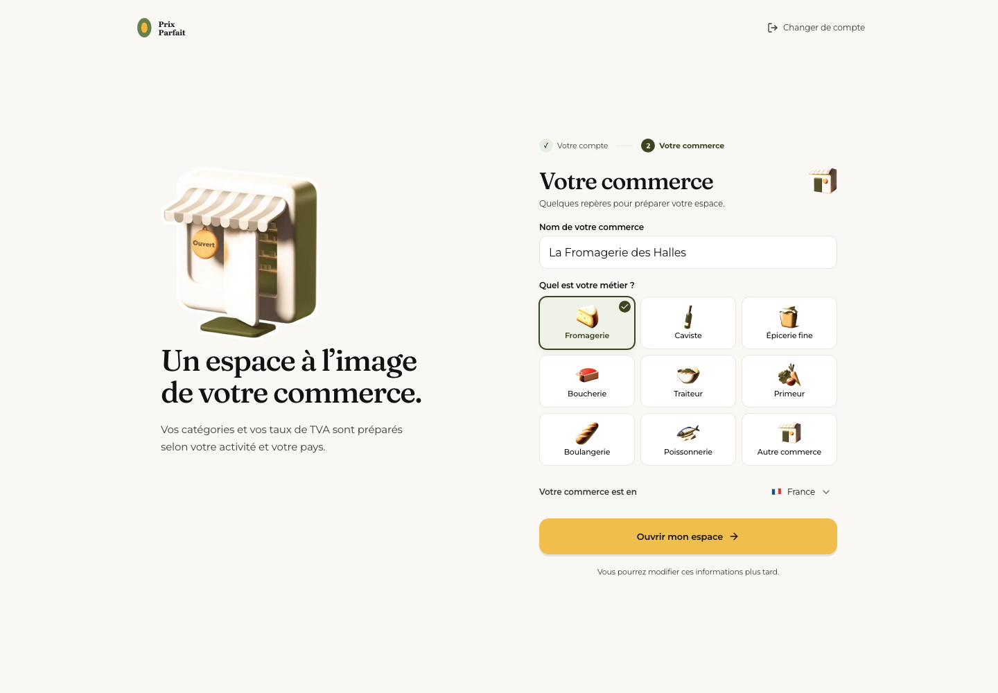 Le choix du métier et du pays sur la page Votre commerce