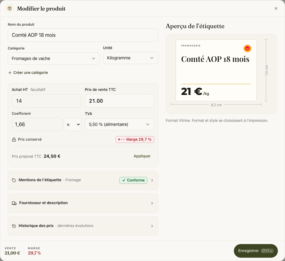Un achat modifié avec le prix de vente conservé et une proposition à appliquer
