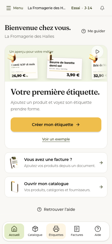 L’accueil compact sur téléphone, avec l’accès à la première étiquette