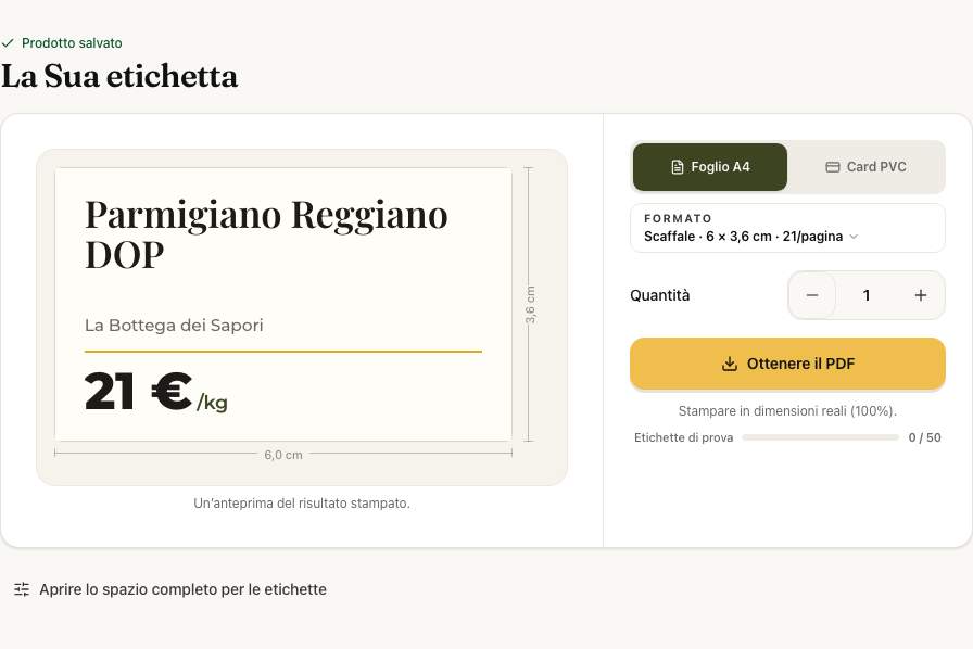Prima etichetta con formato, quantità e pulsante PDF