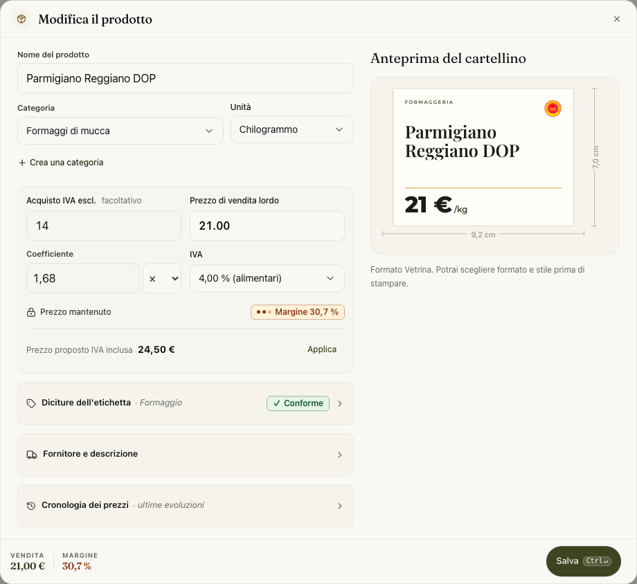 Costo aggiornato, vendita conservata e proposta da applicare
