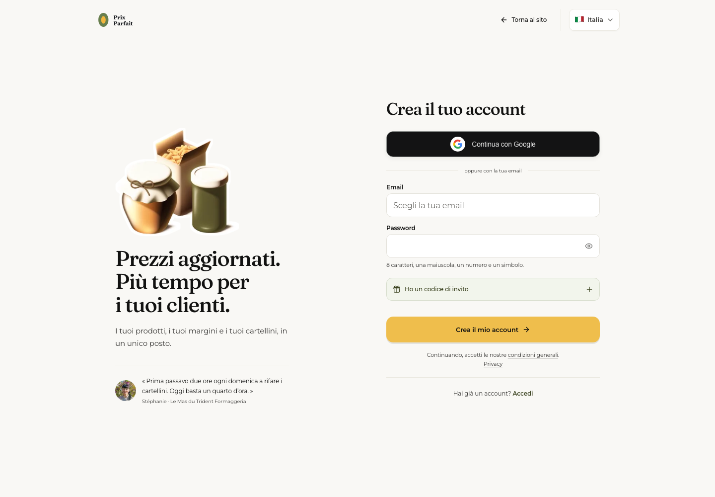 Registrazione con Google o email