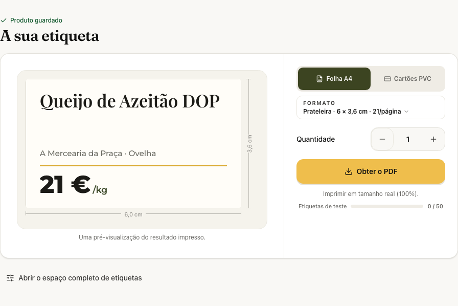 Primeira etiqueta com formato, quantidade e botão PDF