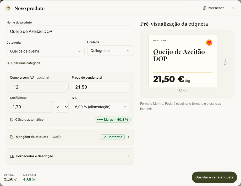 Ficha de produto com cálculo de preço e pré-visualização