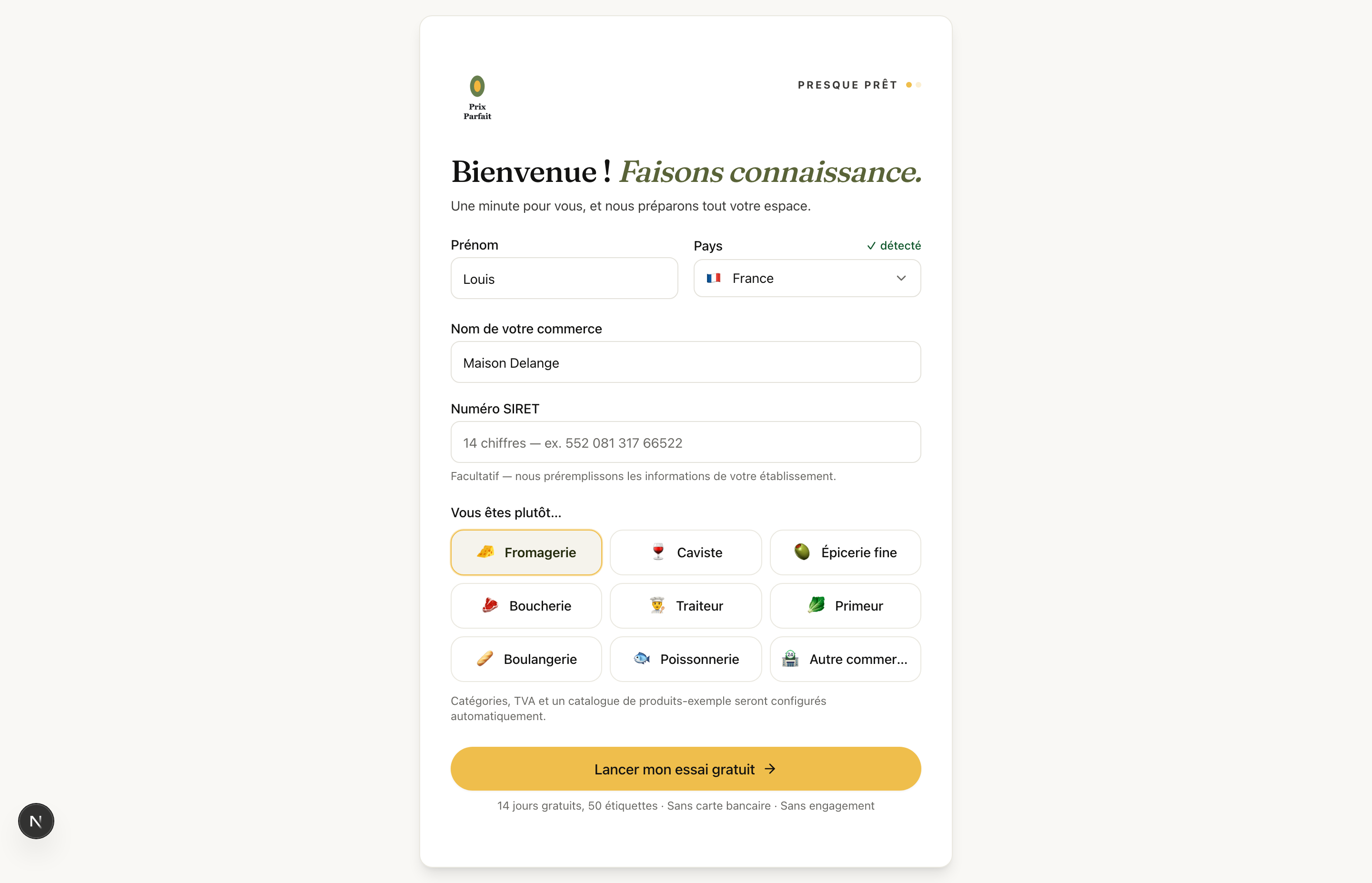 Le formulaire de bienvenue rempli pour une fromagerie, avec les neuf tuiles métier