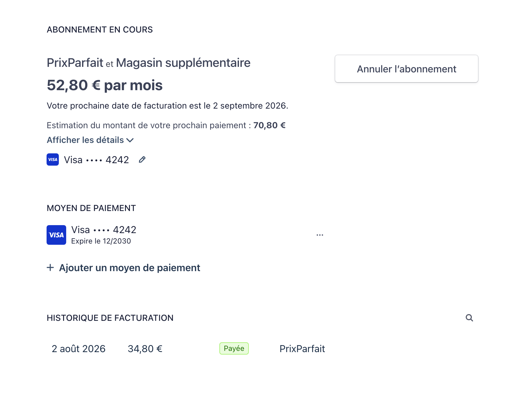 Le portail client Stripe : l'abonnement en cours, le moyen de paiement et l'historique de facturation