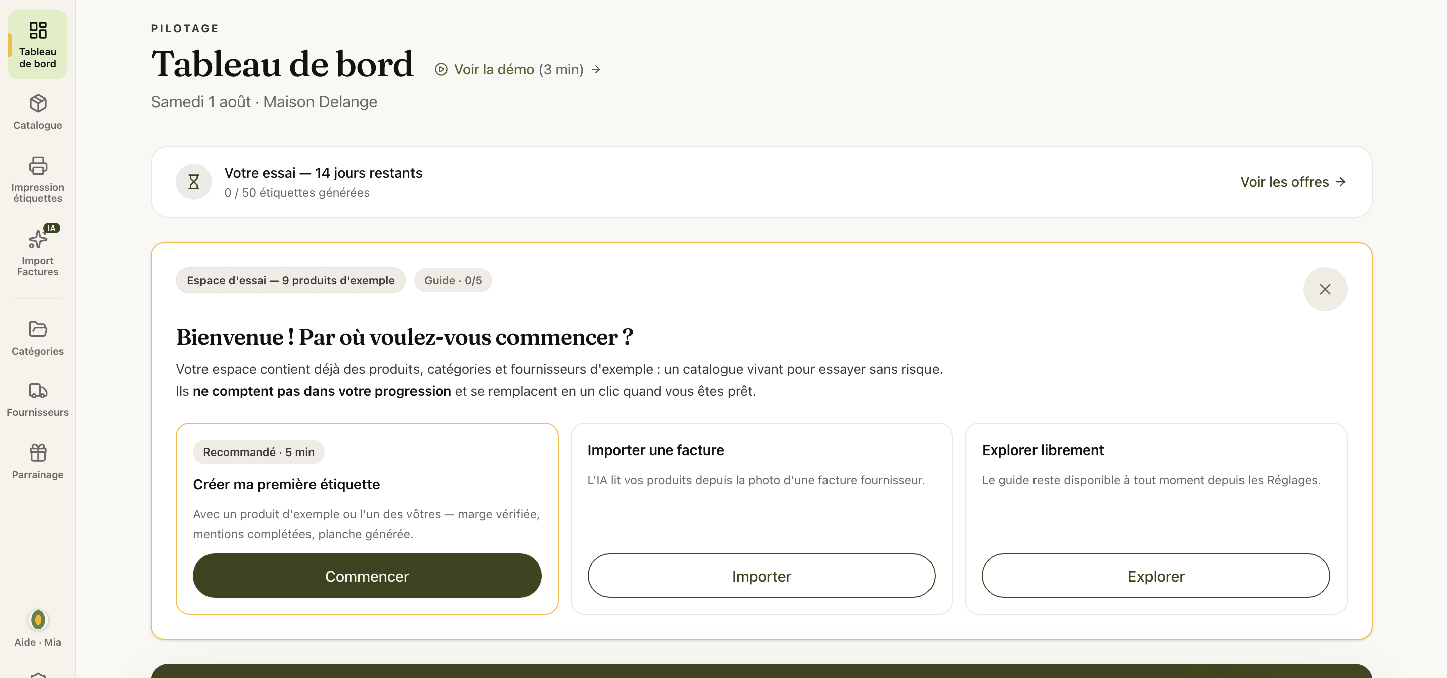 Le tableau de bord à la première visite : la carte de bienvenue et ses trois chemins