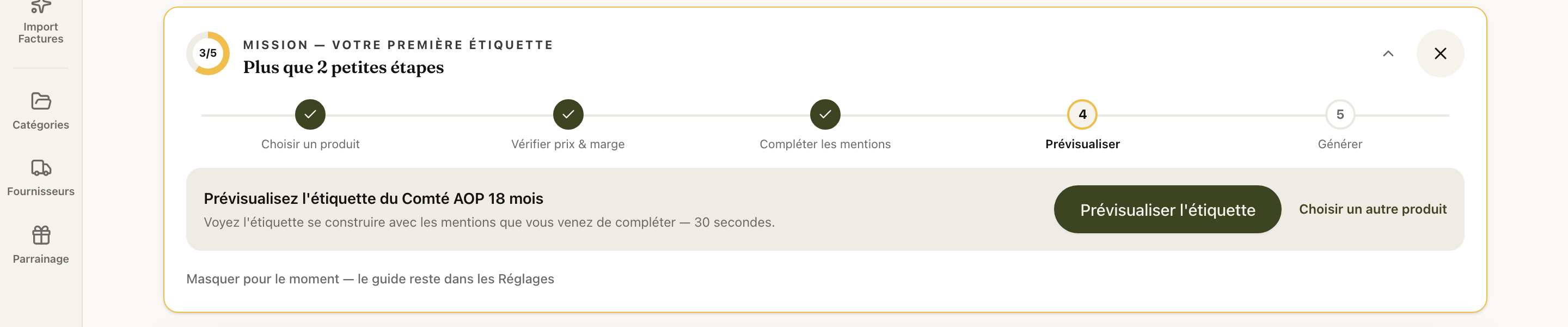 Le parcours complet déplié : trois étapes cochées, la quatrième en cours