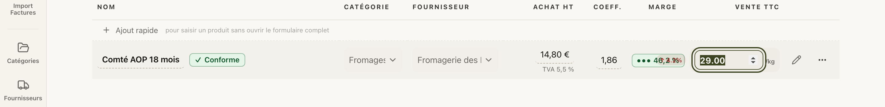 L'édition en ligne du prix TTC directement dans le tableau du catalogue
