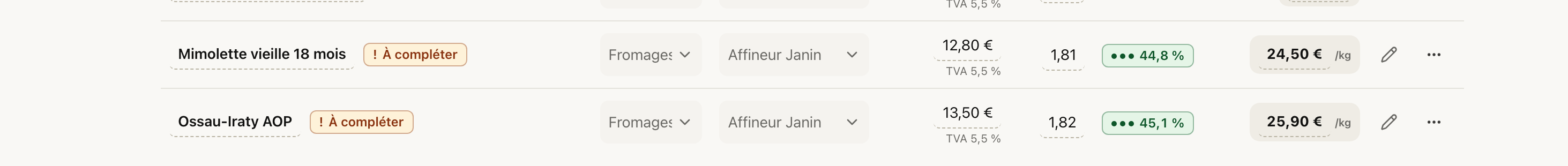 Deux produits marqués « À compléter » dans le tableau du catalogue
