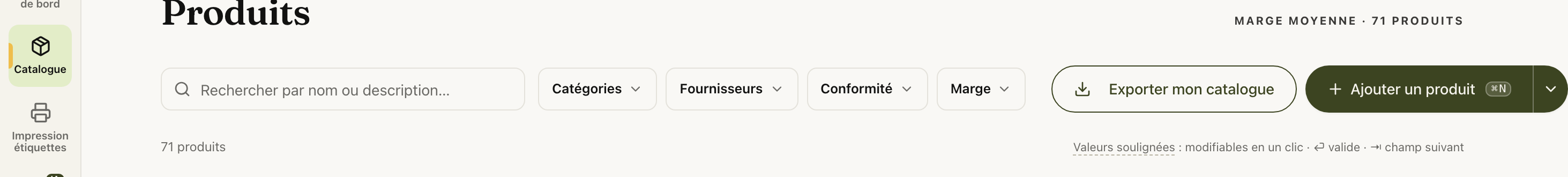 La barre de recherche et les quatre filtres en tête du catalogue