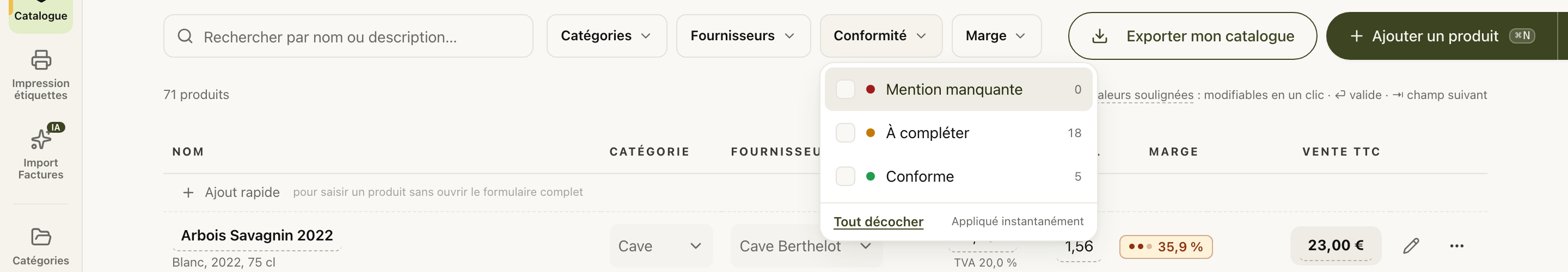 Le filtre Conformité ouvert : Mention manquante, À compléter, Conforme, avec les compteurs