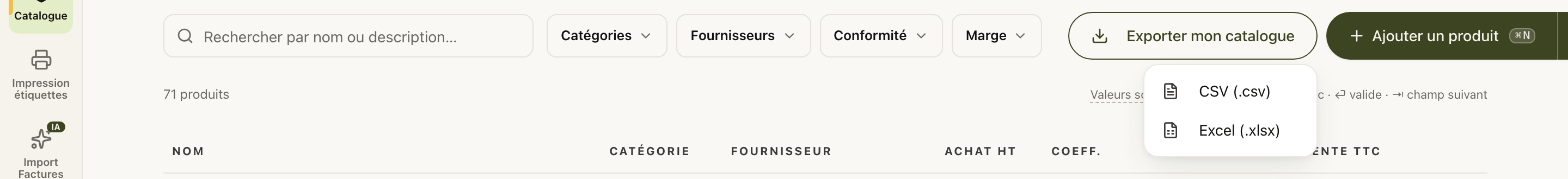 Le menu Exporter mon catalogue : CSV ou Excel