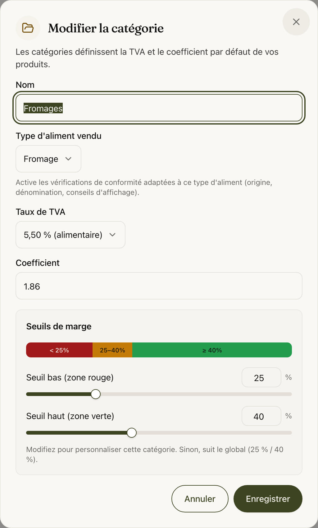 La fenêtre d'édition d'une catégorie : type d'aliment, taux de TVA, coefficient et seuils de marge