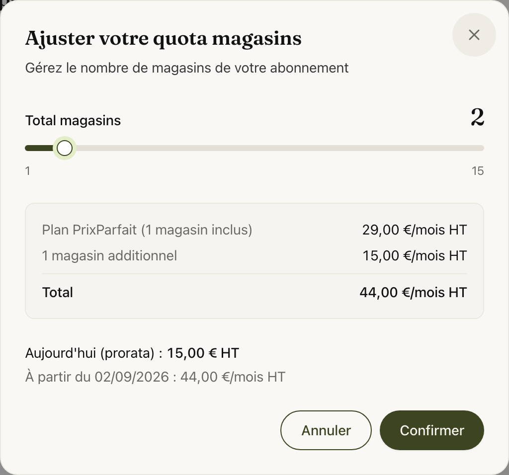 La fenêtre Ajuster votre quota magasins : le curseur, le détail du coût et le prorata du jour