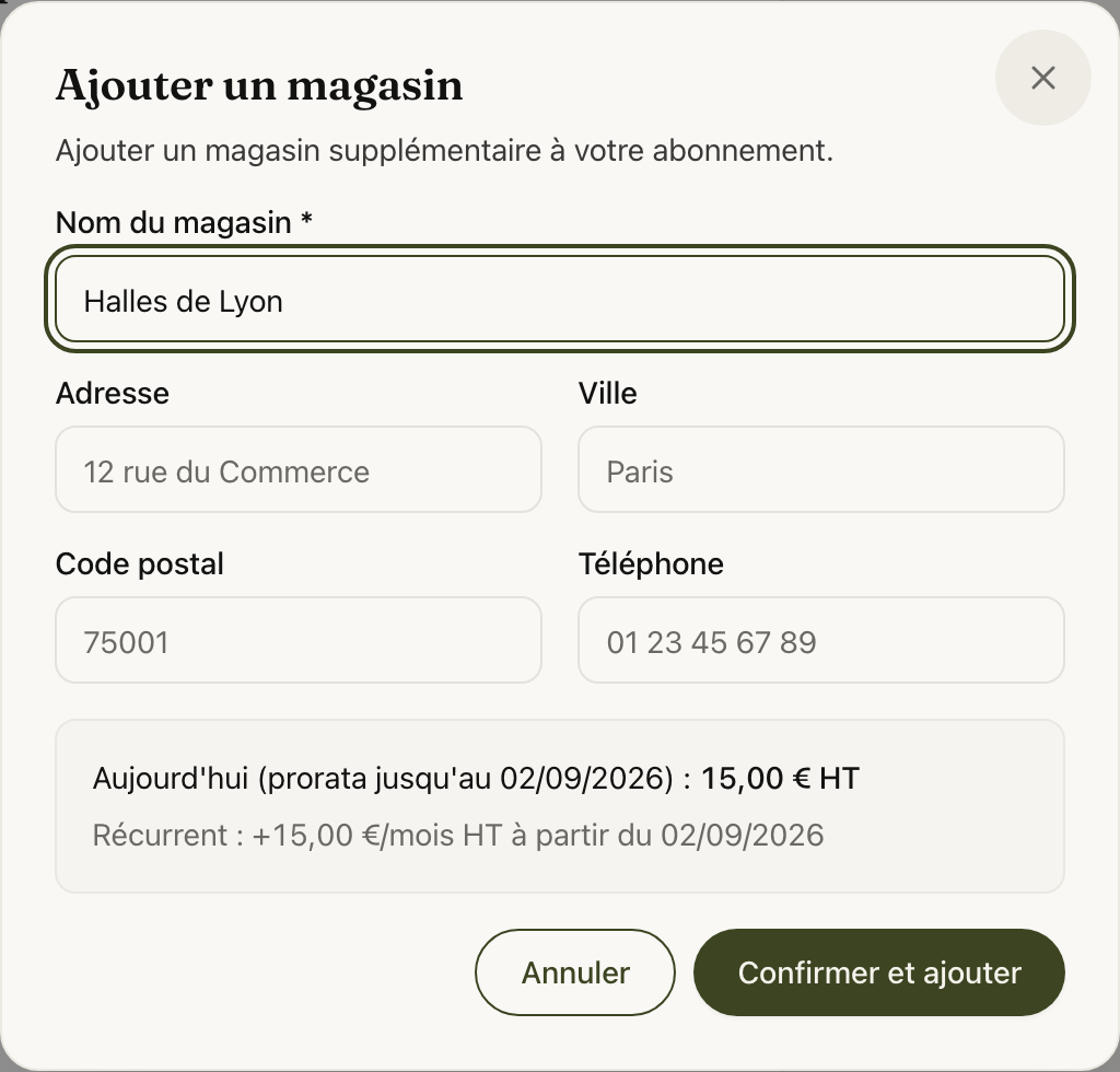 La fenêtre d'ajout de magasin, avec le prorata du jour et le coût récurrent affichés avant confirmation