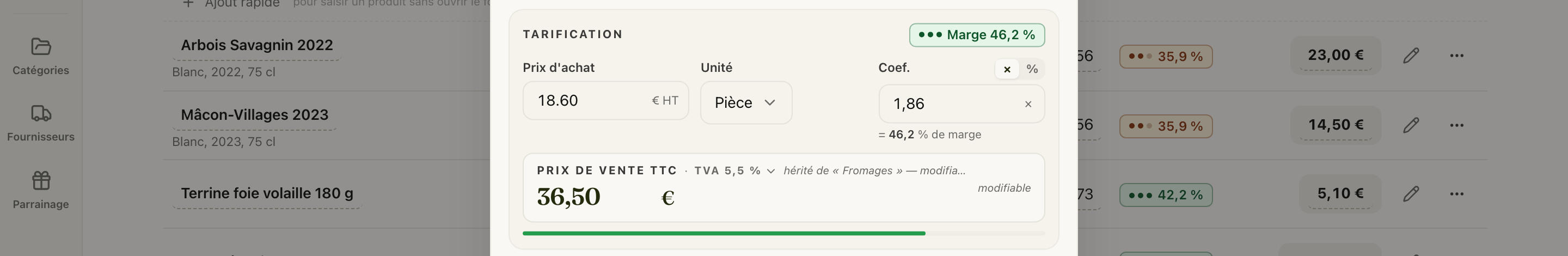 La section Tarification : 18,60 € HT, coefficient 1,86 hérité, 36,50 € TTC calculé, marge 46,2 %
