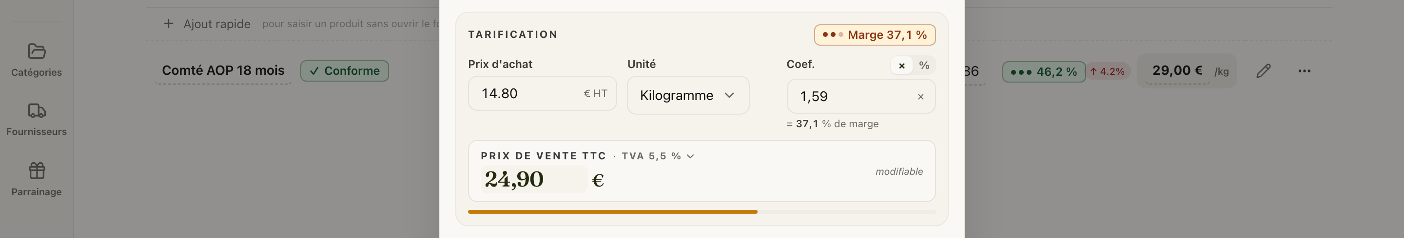 Le prix TTC posé à 24,90 € : coefficient recalculé à 1,59, badge Marge passé à l'ambre