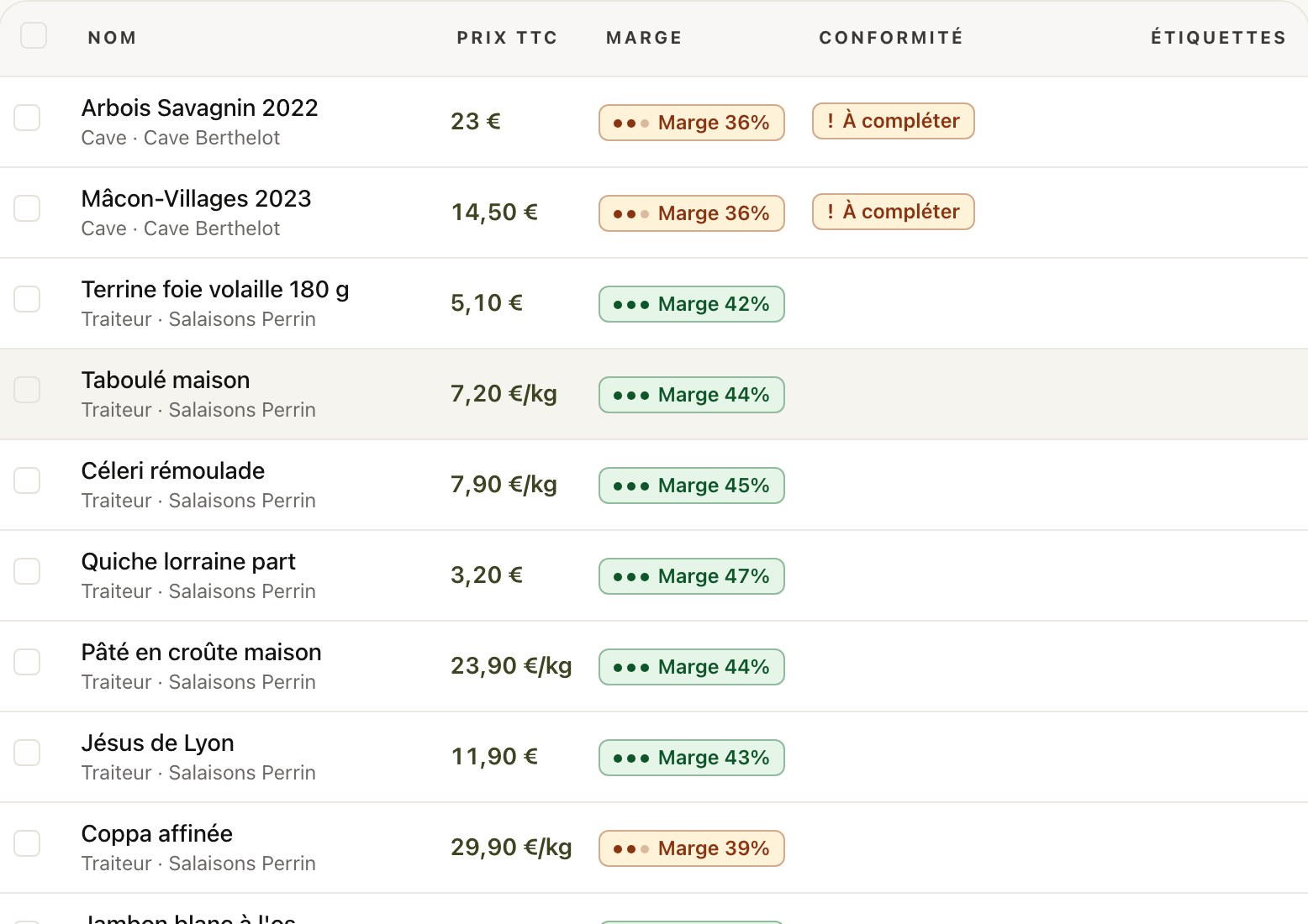 Le tableau de sélection : cases à cocher, prix, marge, conformité et quantités