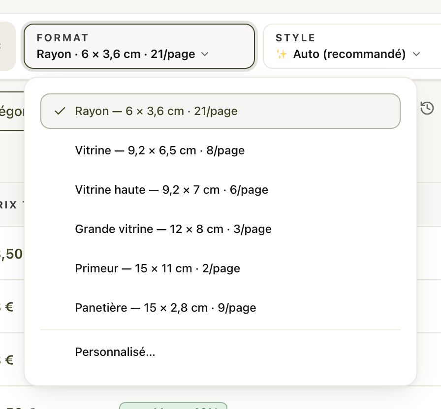 O seletor de formato: seis tamanhos pré-definidos e o formato personalizado