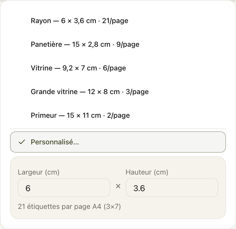 Le format personnalisé : largeur, hauteur et rendement recalculé