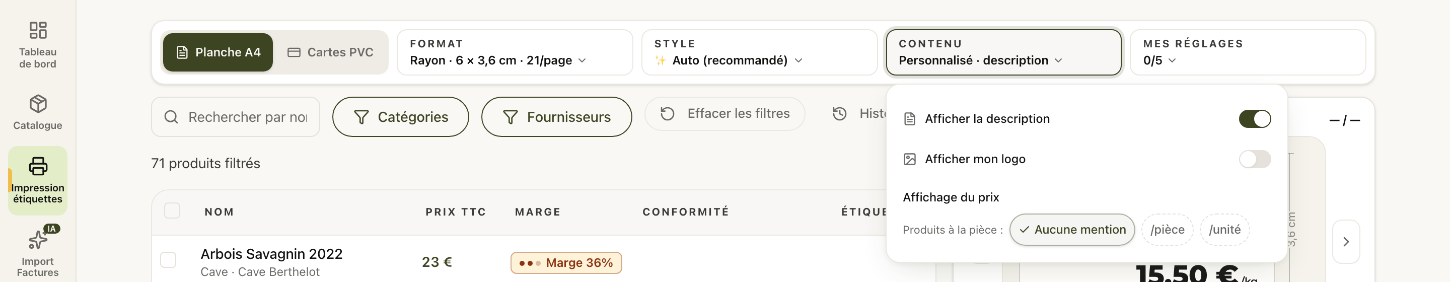 Le menu Contenu de l'Atelier : afficher la description, afficher mon logo, affichage du prix