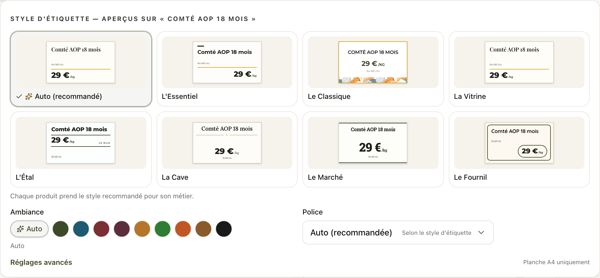 La galerie de styles : Auto, L'Essentiel, Le Classique, La Vitrine, L'Étal, La Cave, Le Marché, Le Fournil — avec les ambiances et la police