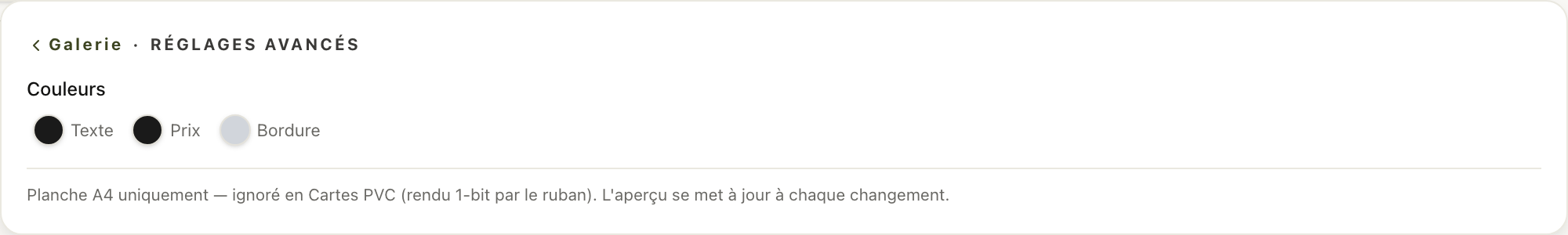 Les réglages avancés : trois pastilles de couleur Texte, Prix et Bordure