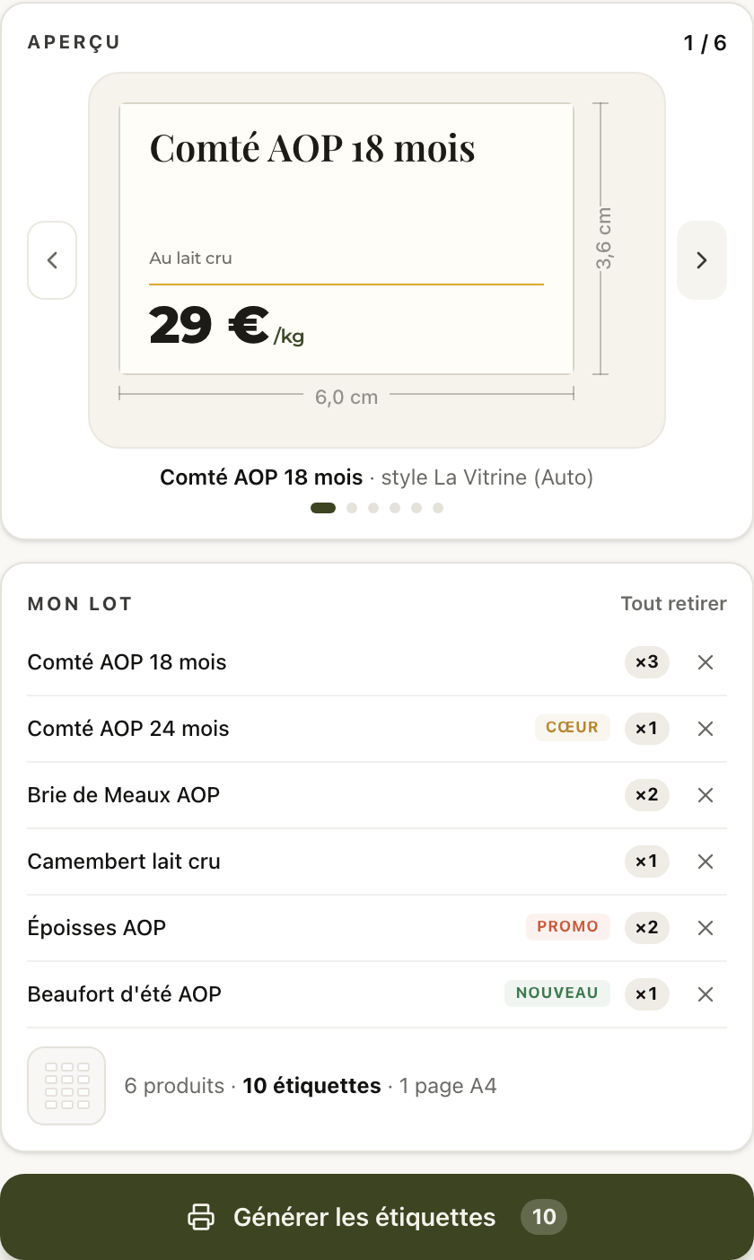 L'aperçu en direct et la carte Mon lot, avec le bouton Générer les étiquettes
