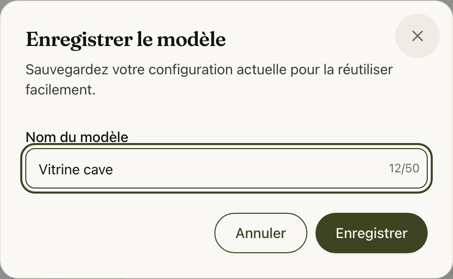 La fenêtre Enregistrer le modèle, avec un nom de configuration