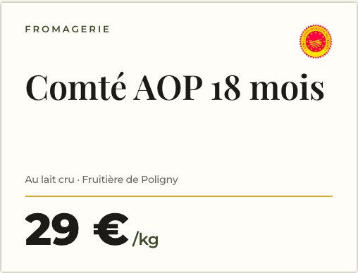 Une étiquette conforme : logo AOP, lait cru, affineur et prix au kilo, composés automatiquement