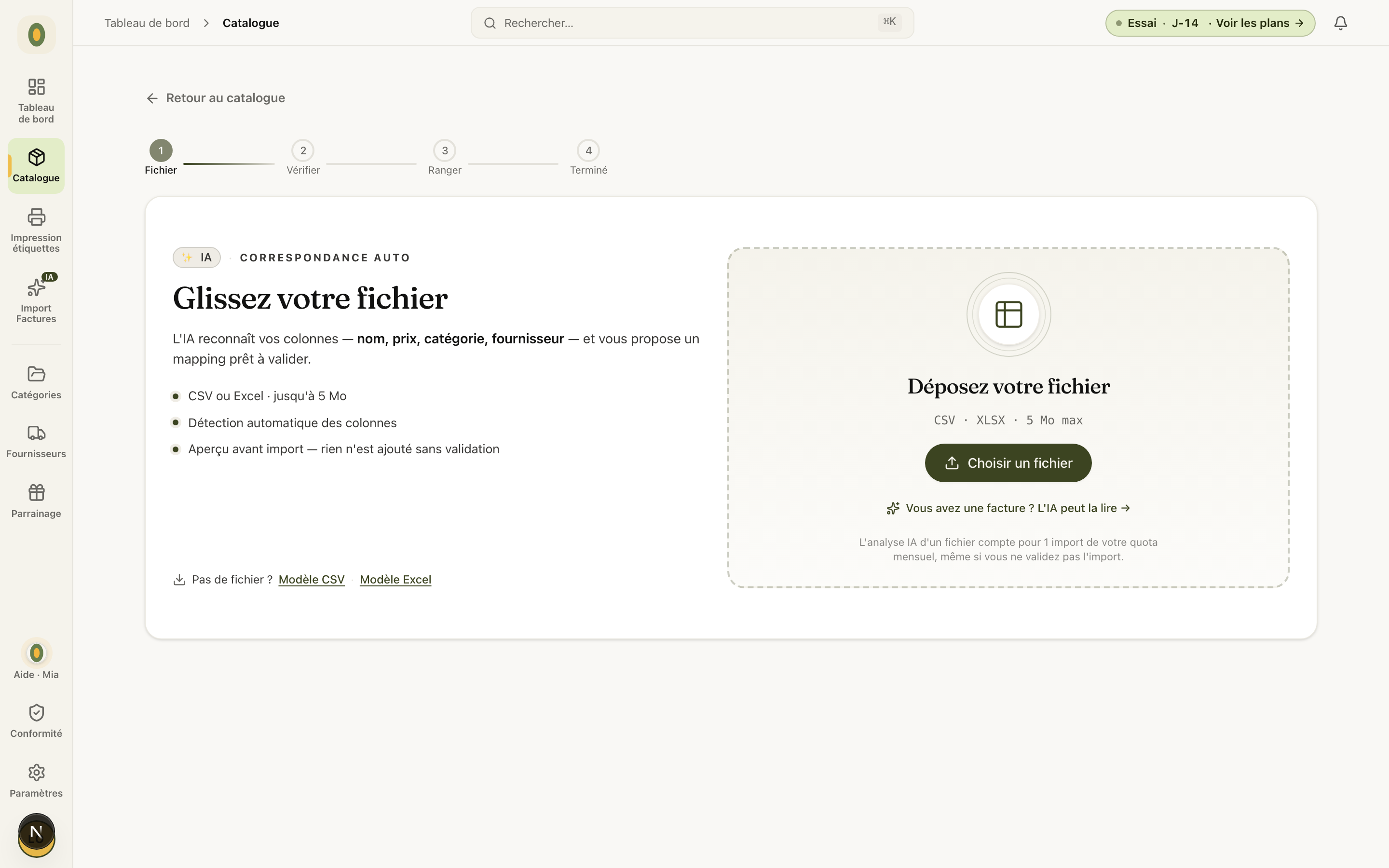 L'écran de dépôt de l'import catalogue, avec la zone de fichier et le rappel des formats acceptés