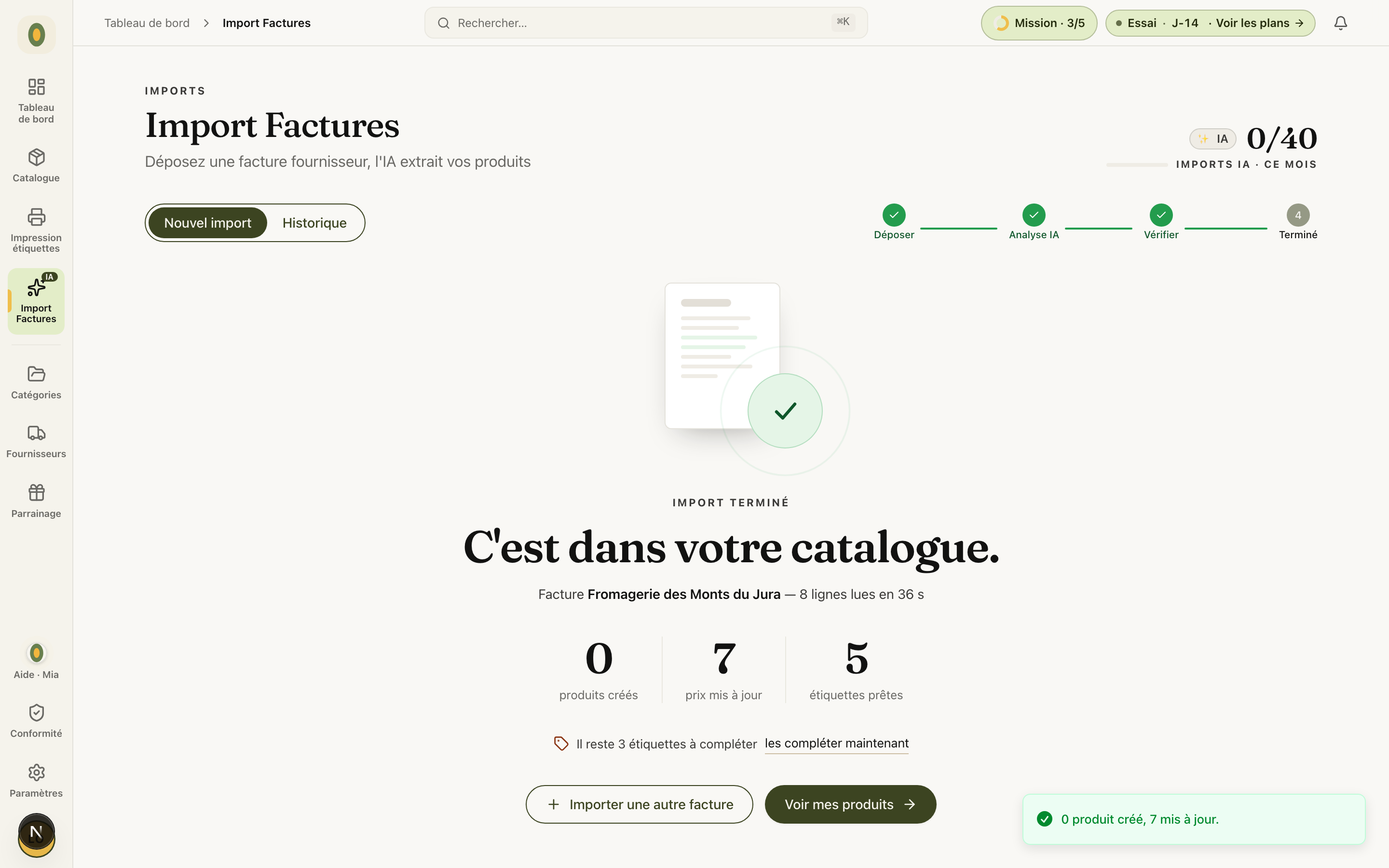 L'écran « C'est dans votre catalogue » : 8 lignes lues, 7 prix mis à jour, 5 étiquettes prêtes