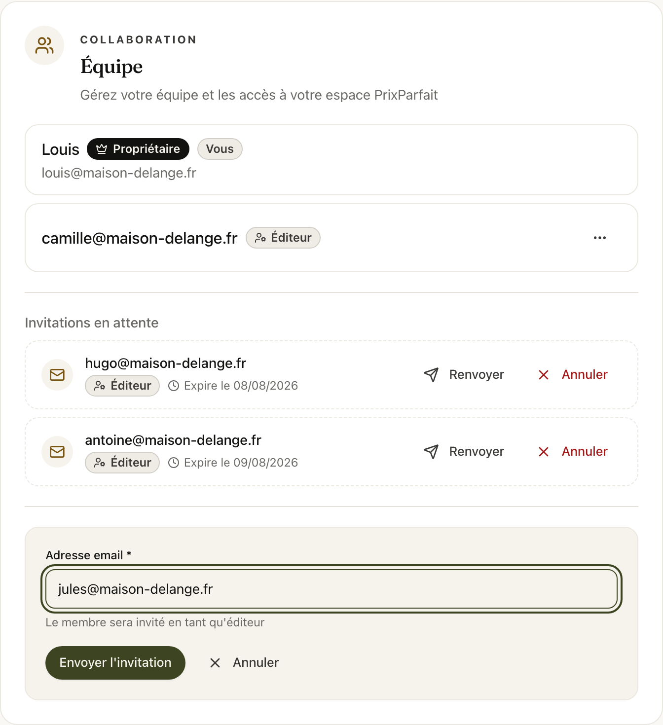 Le formulaire d'invitation : une adresse email, et le membre est invité en tant qu'éditeur