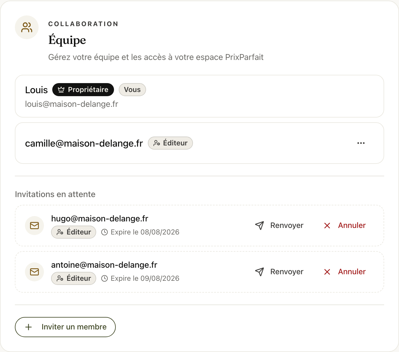 La carte Équipe : le propriétaire, une éditrice et deux invitations en attente
