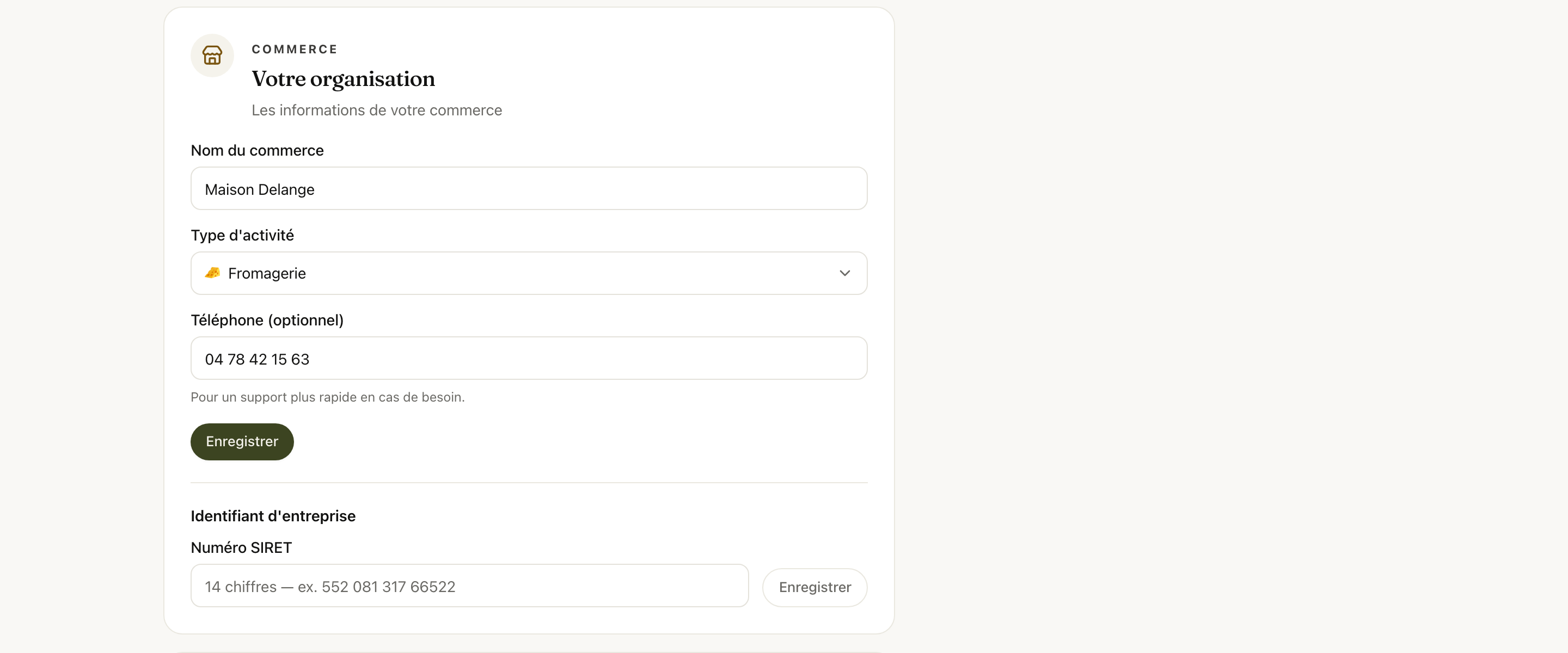 La carte Votre organisation : nom, type d'activité, téléphone et SIRET