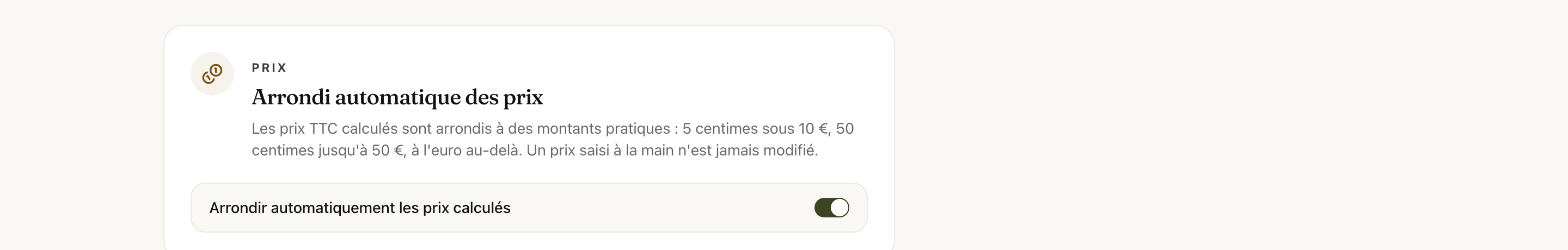 Le réglage Arrondi automatique des prix dans les Paramètres