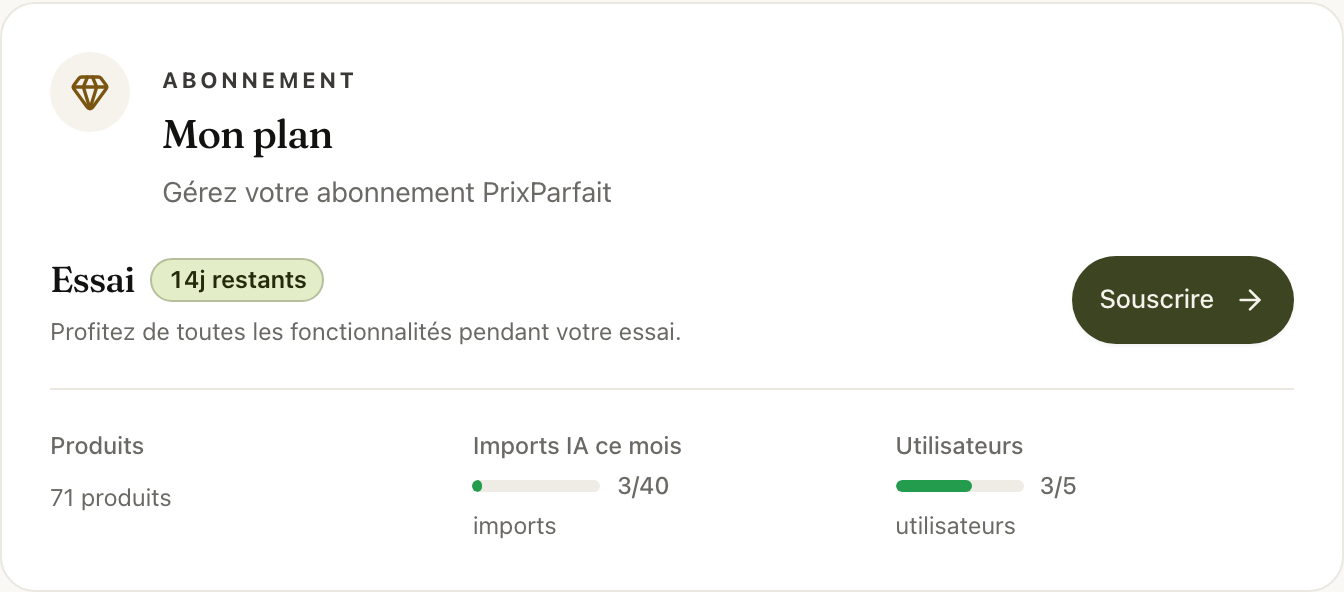 La carte Mon plan pendant l'essai, avec le bouton Souscrire