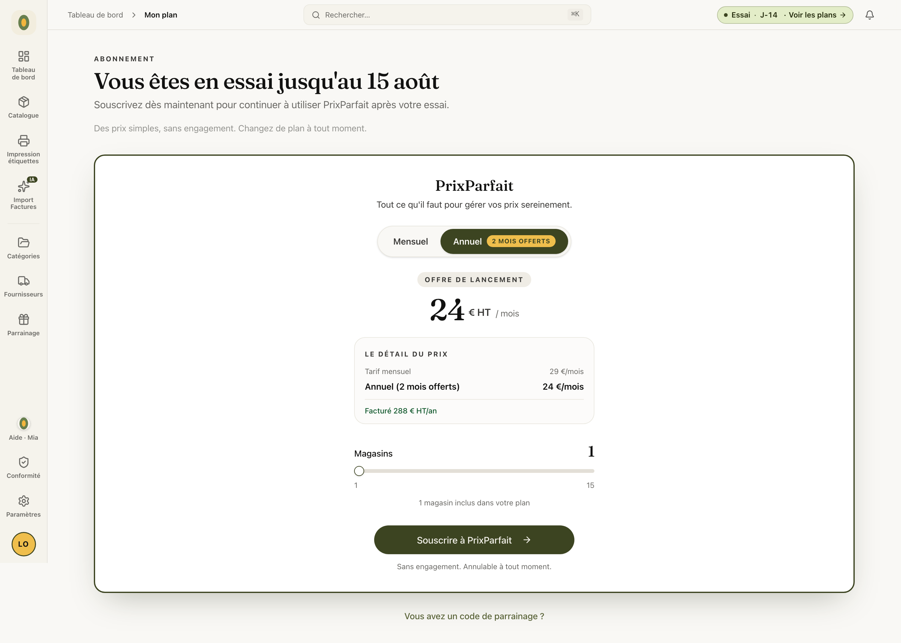 La page de souscription : mensuel ou annuel, le détail du prix et le nombre de magasins