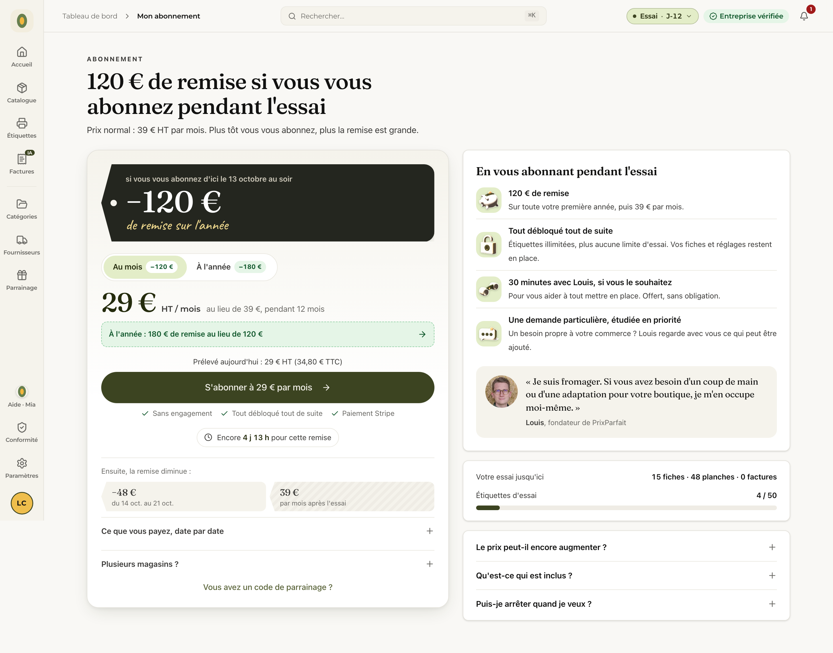 La pagina Il mio abbonamento durante la prova: lo sconto del giorno, al mese o all'anno, e lo sconto successivo