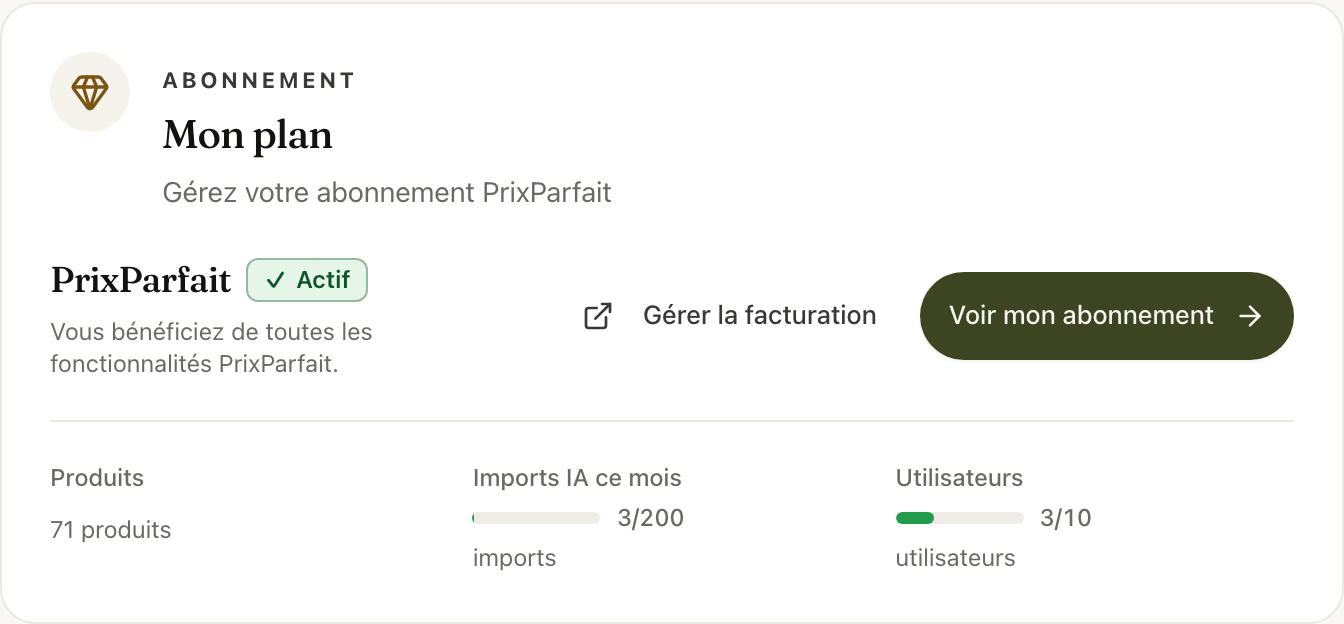 La carte Mon plan d'un abonné : Gérer la facturation et Voir mon abonnement