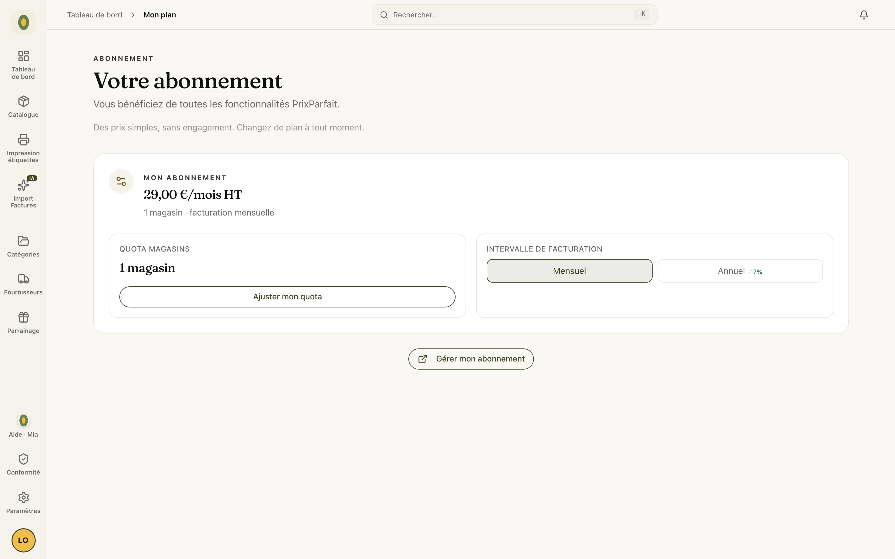 La page Votre abonnement : quota magasins et intervalle de facturation