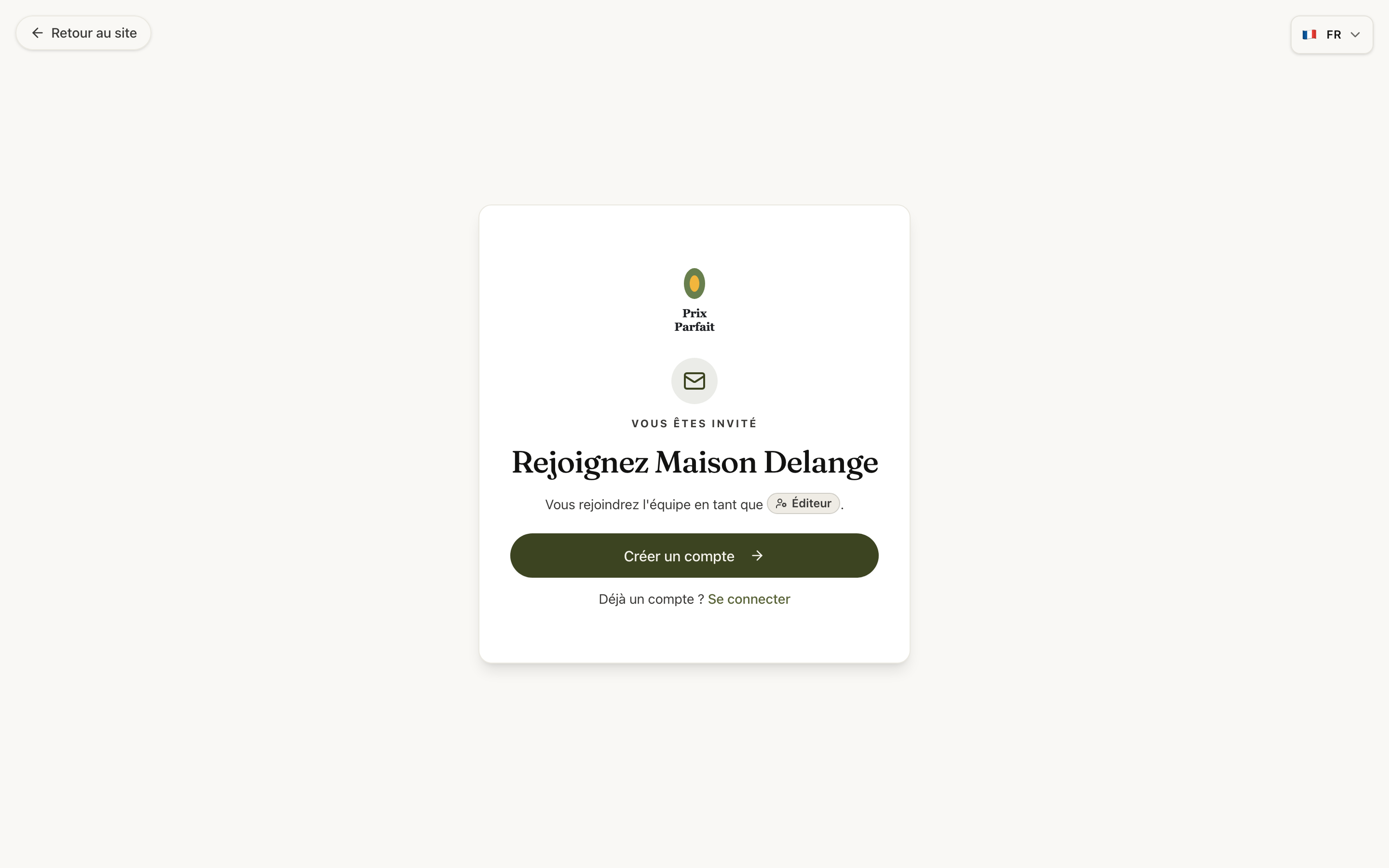 La page d'invitation côté invité : « Rejoignez Maison Delange » en tant qu'éditeur