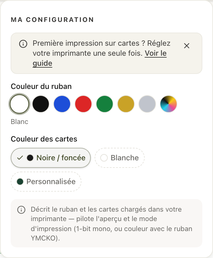 El selector Consumible: color de la cinta y color de las tarjetas